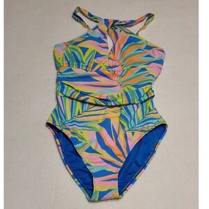 Bleu Rod Beattie Women's Tropical Palm Halter One Piece Swimsuit Multi Size 4